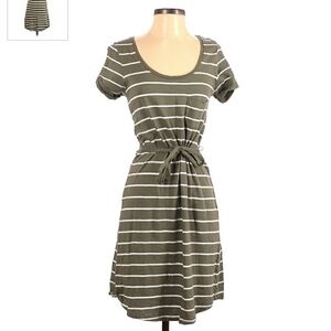Sonoma Life + Style Striped Swing Dress Tie Waist Olive Green White Women's XS